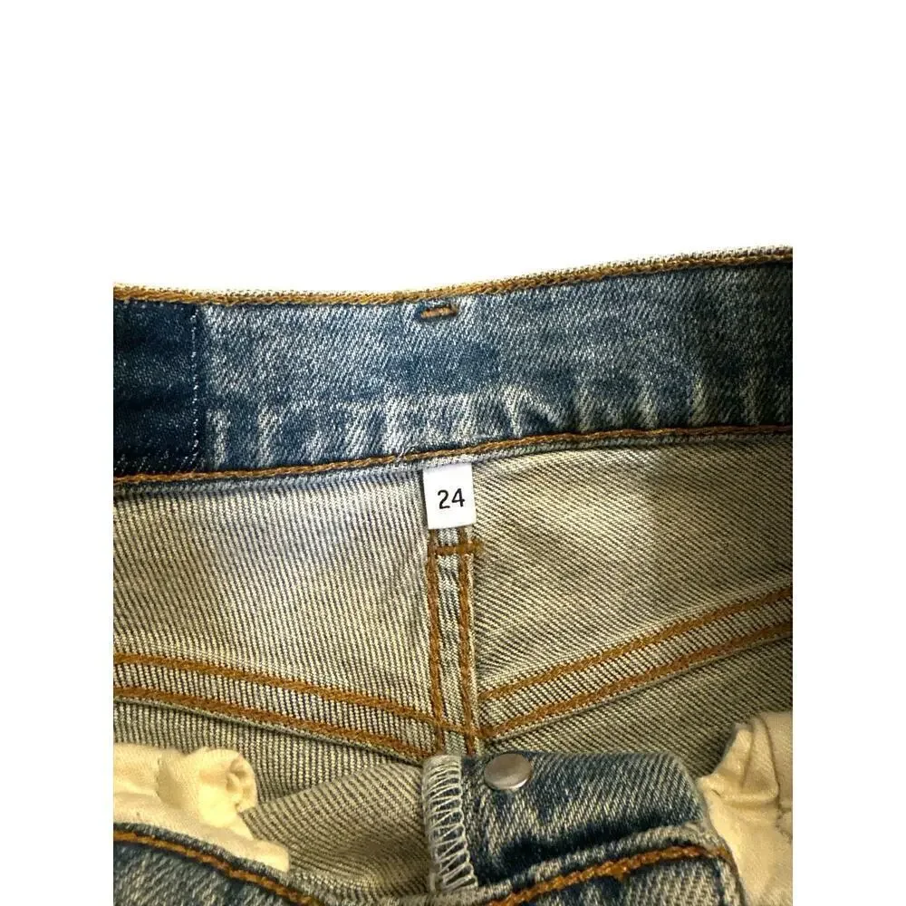 RE/DONE Women's 70s Ultra High Rise Stove Pipe Ankle Denim Jeans Sz 24 Blue NWT